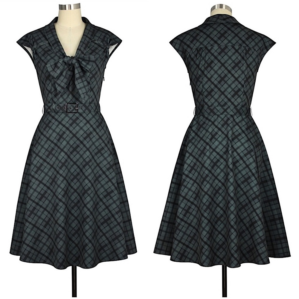 Retro vintage style pinup dress- grey plaid, cap sleeve, bow - Rockabilly 50’s